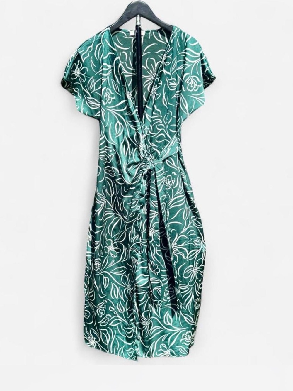 Green Floral-Print Short-Sleeve Midi Wrap Dress
